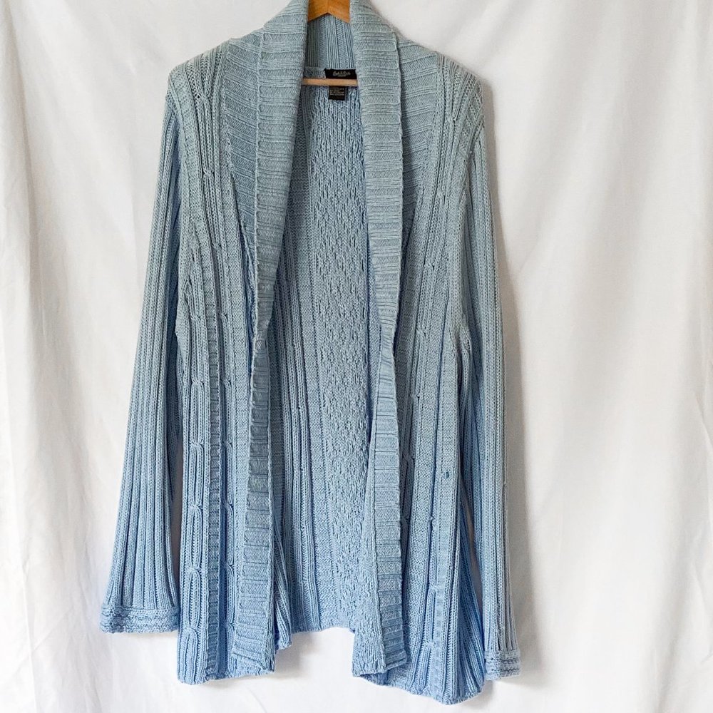 LIGHT BLUE CHUNKY CABLE KNIT LONG CARDIGAN - 3X
